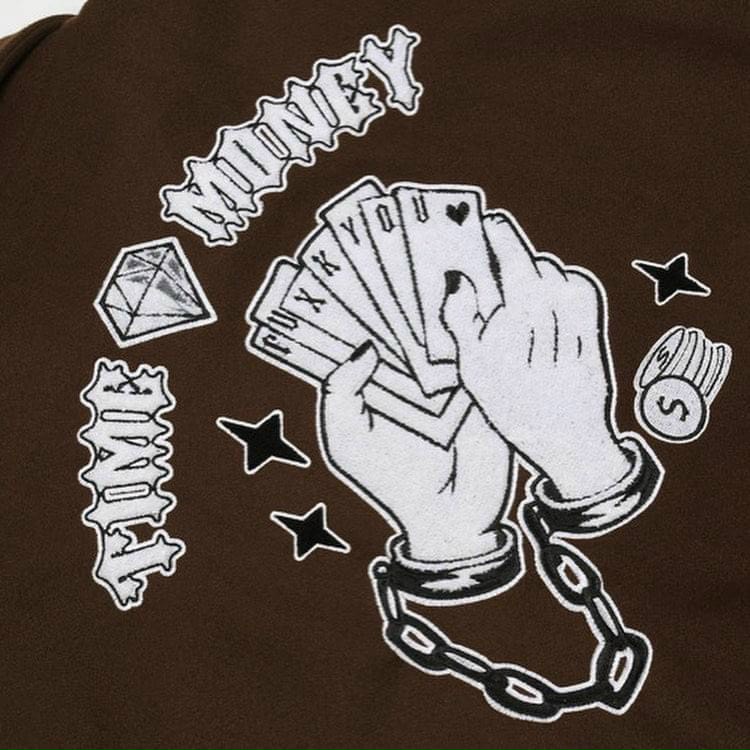 Áo khoác bomber, Varsity jacket Time n Money nam nữ màu Nâu, Áo khoác bomber jacket nam nữ phối Nâu 2 lớp, chất nỉ bông siêu đẹp, Áo Khoác Bomber Unisex Áo Varsity Jacket Nam Nữ Đen Phối Tay Trắng Form Rộng
