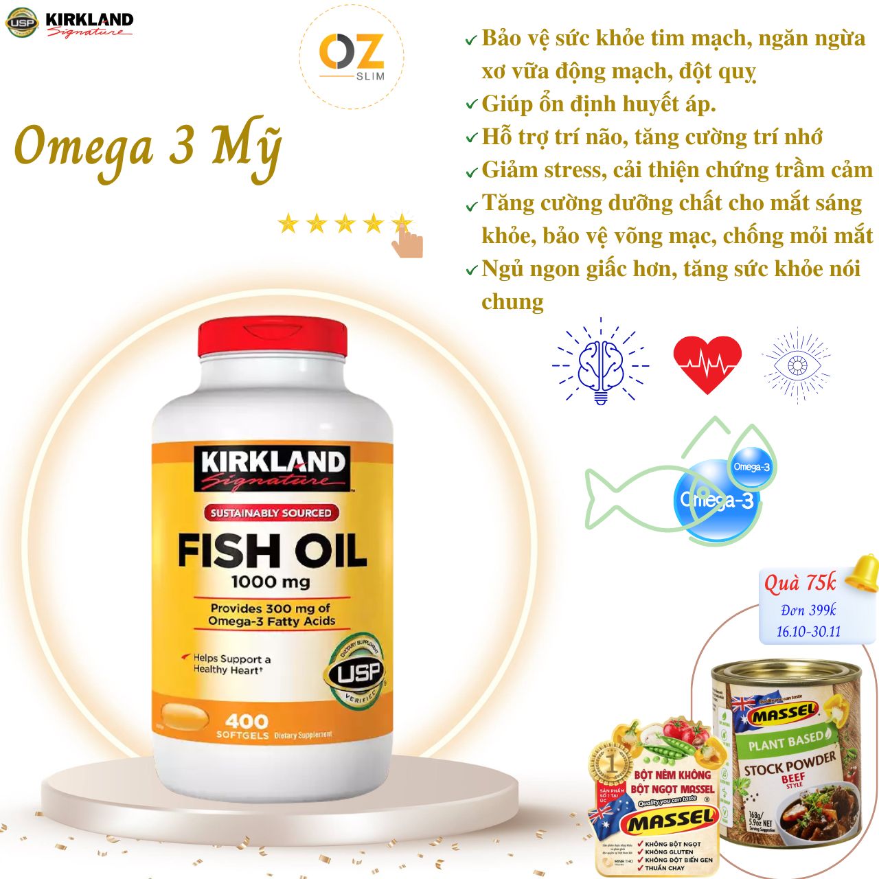 Hình ảnh Omega 3 Mỹ Kirkland Signature Fish Oil 1000mg Hỗ trợ sức khỏe não bộ, hệ thần kinh, Tim mạch, Khớp, Bổ mắt, Làm đẹp da - OZ Slim Store