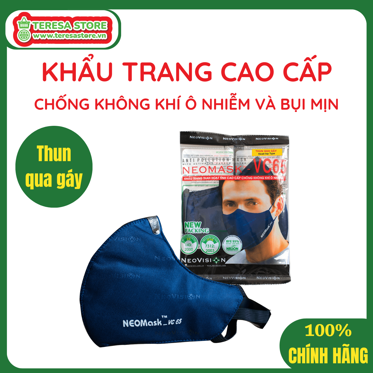 Khẩu trang (Combo 05) - Khẩu trang than hoạt tính NeoMask Neovision VC65 đạt chuẩn N95(Thun Qua Gáy)- Chống bụi siêu mịn PM2.5, lọc khuẩn BFE 95% (Được cấp bởi Nelson Lab), kháng khuẩn, chống giọt bắn, có thể giặt tái sử dụng nhiều lần- Xanh đậm