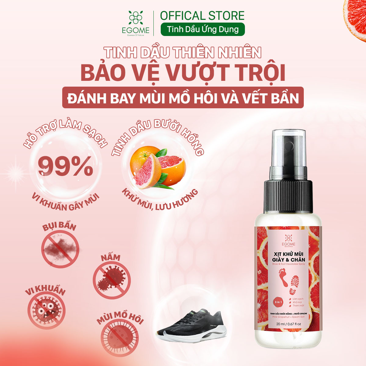 Xịt Khử Mùi Giày Và Chân Egome Tinh Dầu Bưởi Hồng làm sạch và thơm mát 20ml