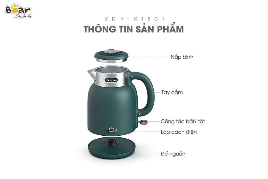 Ấm Siêu Tốc, Bình Đun Siêu Tốc Phong Cách Cổ Điển Cách Nhiệt, Sang Trọng BEAR ZDH-C15C1 Dung Tích 1.5 Lít, Công Suất 1500 W - Hàng Chính Hãng