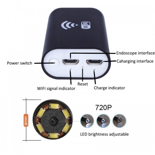 ROGTZ - Camera Nội Soi WiFi Chống Nước HD 1M Len 8mm Chất lượng hình ảnh HD 6LED Kết nối Wifi  Tương thích Ios Android Windows Chống nước IP67 Đa mục đích sử dụng Kiểm tra đường ống, thiết bị máy móc, động cơ Sửa chữa bảo dưỡng thiết bị  - Hàng Chính Hãng
