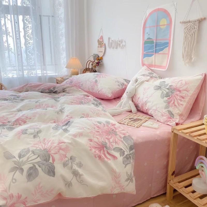Set Cotton Living 100%cotton Hàng Nhập Khẩu Cao Cấp 4 Món Hoa Nhí Hồng