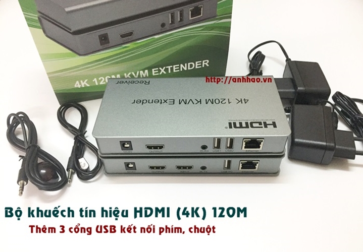 HDMI to Lan - Bộ kéo dài HDMI 120M qua cáp mạng lan Sinoamigo HDES120-KVM , thêm 3 cổng USB kết nối phím chuột - Hàng chính hãng