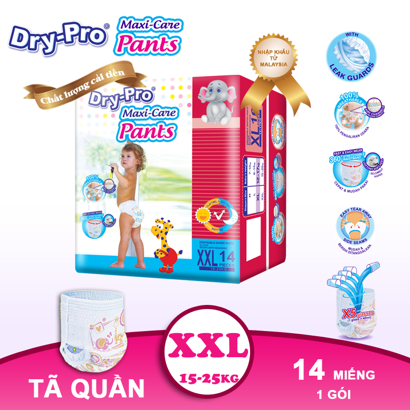 Combo Tã/bỉm quần Dry-Pro XXL14 (15kg-25kg) + tặng 1 gói khăn ướt Pur 80 tờ cho bé