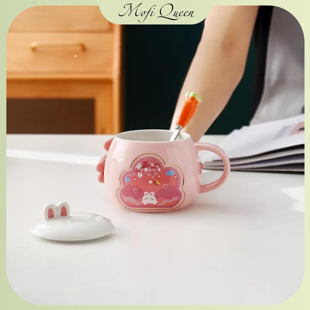 Cốc sứ có nắp, Sứ́, Quà lưu niệm, cute có nắp đậy, họa tiết bunny siêu đáng yêu 420ml