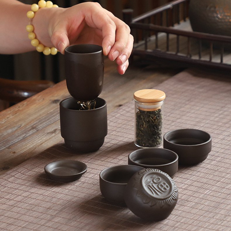 Bộ Ấm Pha Trà Du Lịch Tiện Lợi Mini Gốm Sứ Cát Tím Họa Tiết Trơn Quà Tặng Ý Nghĩa