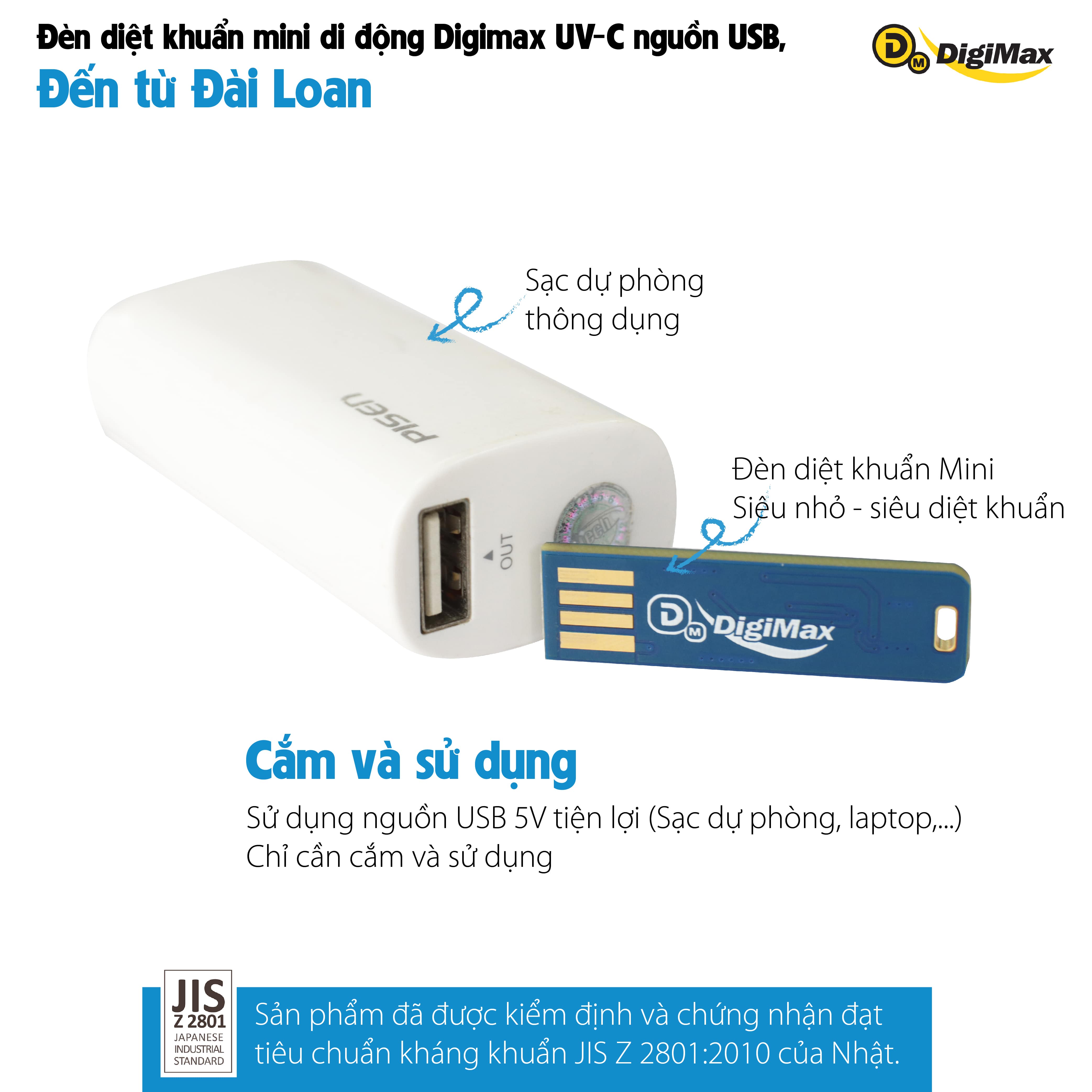 Đèn diệt khuẩn mini di động Digimax UV-C nguồn USB, siêu nhỏ - diệt khuẩn tức thì
