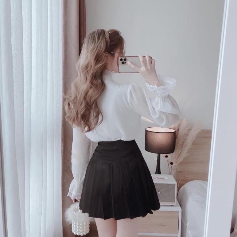 Áo sơ mi babydoll tiểu thư 2 lớp phối ren ulzzang nữ tính, mầu đen, trắng, be, cocoland