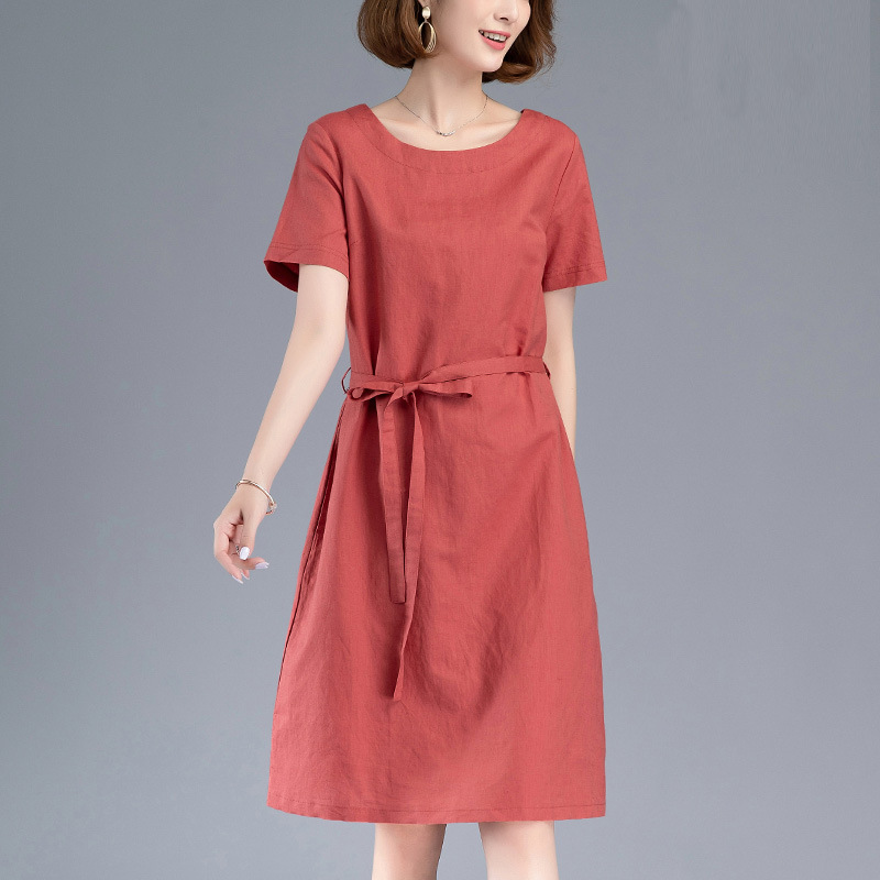 Đầm váy nữ suông trơn thắt eo, Váy Linen cổ tròn ngắn tay thiết kế cơ bản ARCTIC HUNTER