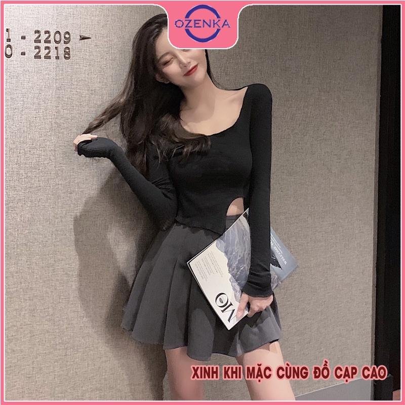 Áo thun croptop tay dài sẻ gấu cổ rộng nữ OZENKA chất thun gân cao cấp 100% cotton màu đen trắng free size dưới 50 cân
