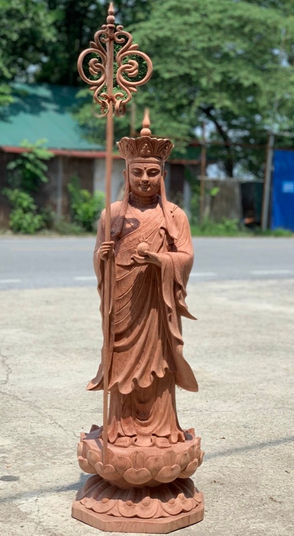 Tượng phật địa tạng vương bồ tát bằng gỗ hương đá liền khối đẹp long lanh kt cao 100m×34×33cm