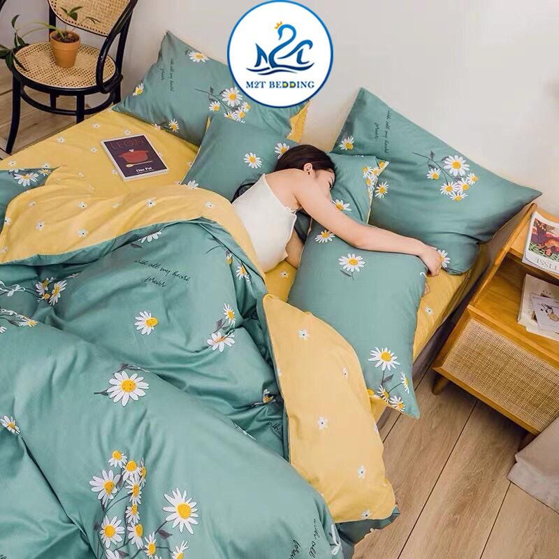 Bộ chăn ga gối Cotton poly M2T bedding Cúc họa mi, vỏ chăn nệm, drap nệm và 2 vỏ gối