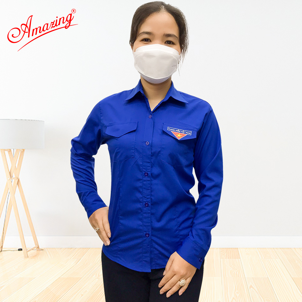 Áo sơ mi nữ đồng phục đoàn viên Việt Nam có chiết 4 ben eo, tay dài và tay ngắn thêu cờ đỏ sao vàng