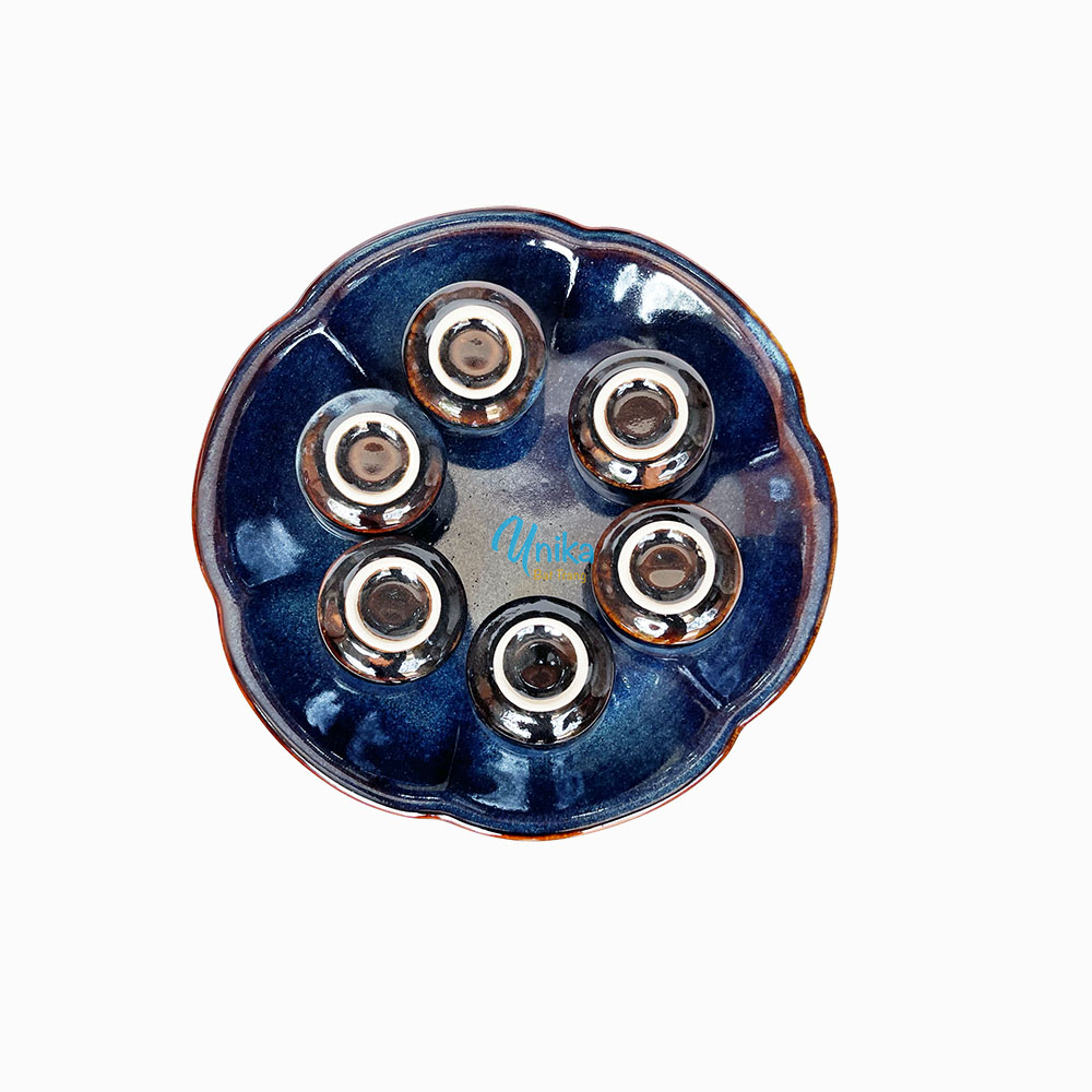 Set sake cao đĩa tròn hoa men xanh hỏa biến - Bộ sake gốm Unika Bát Tràng