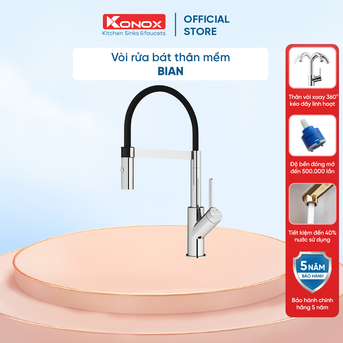 Vòi rửa bát thân mềm Konox, Model Bian, Bề mặt mạ PVD Chrome 5 lớp, Lõi đồng tiêu chuẩn CW617N, Linh kiện phụ trợ dòng chảy nhập khẩu châu Âu, Bảo hành chính hãng 5 năm, Hàng chính hãng