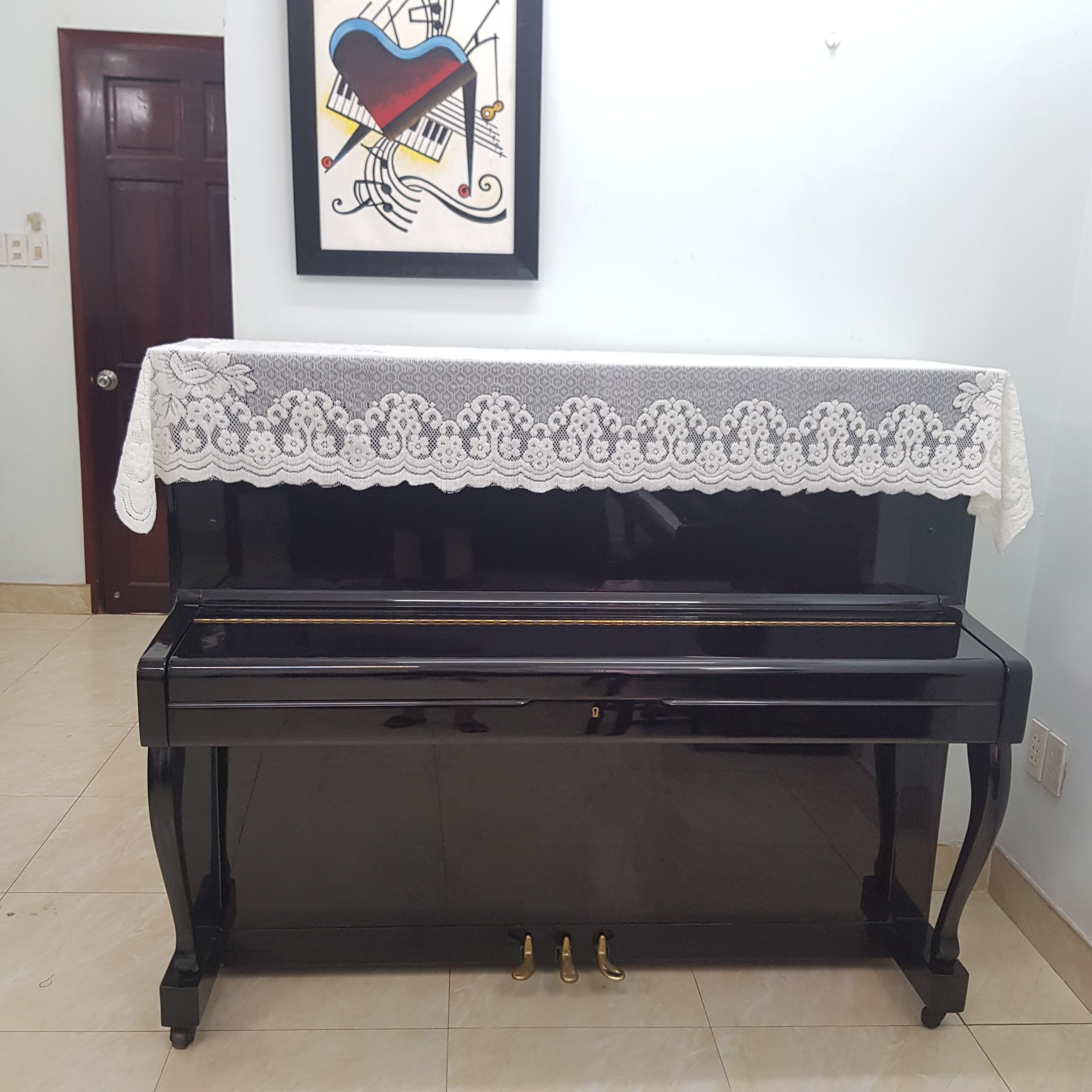 Khăn phủ đàn Piano cơ mẫu ren trắng phối hoa dày đẹp