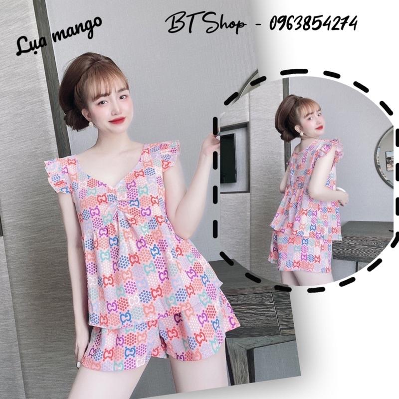 Đồ ngủ lụa mango tay cánh tiên quần đùi hoạ tiết freesize 42-57kg