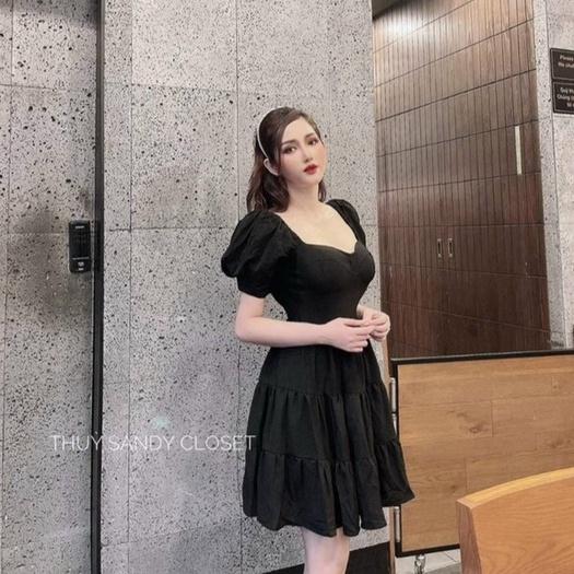 Đầm lụa xoè nhún tầng tay phồng