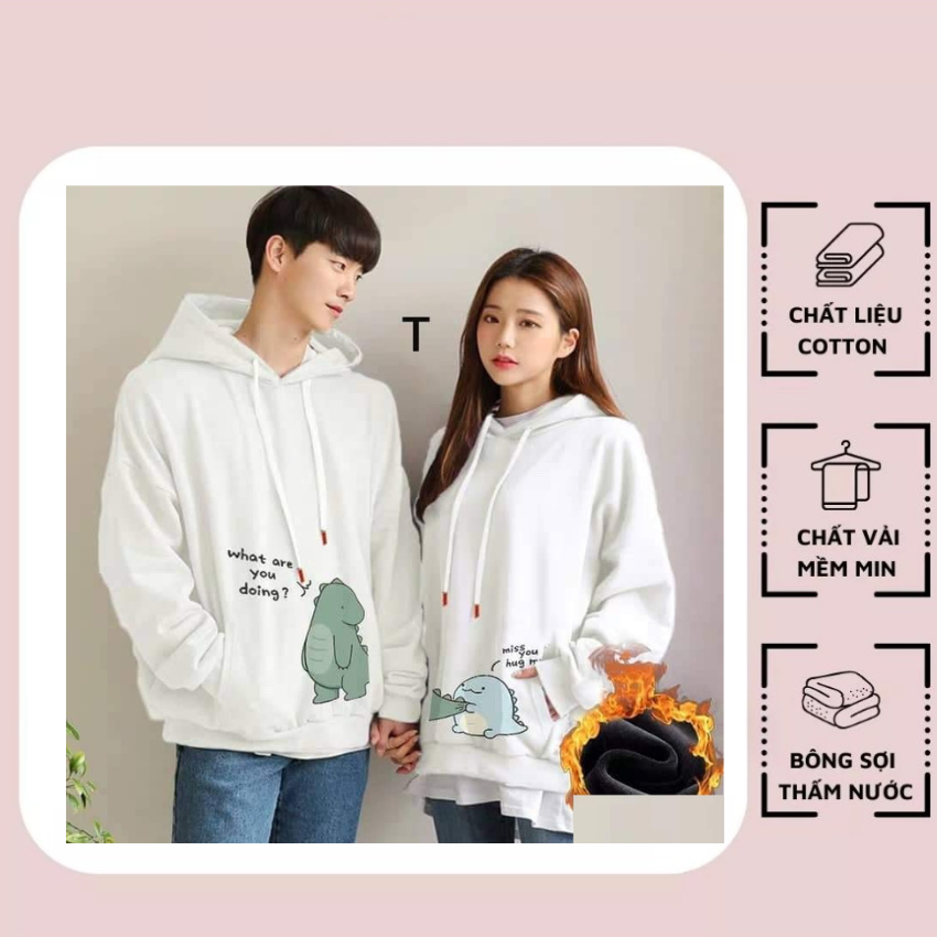 Đồ Đôi Nỉ Có Mũ MM18, Áo Đôi Nam Nữ In Khủng Long Cắn Đuôi ý Nghĩa, Vải Nỉ Bông In Hình Dễ Thương