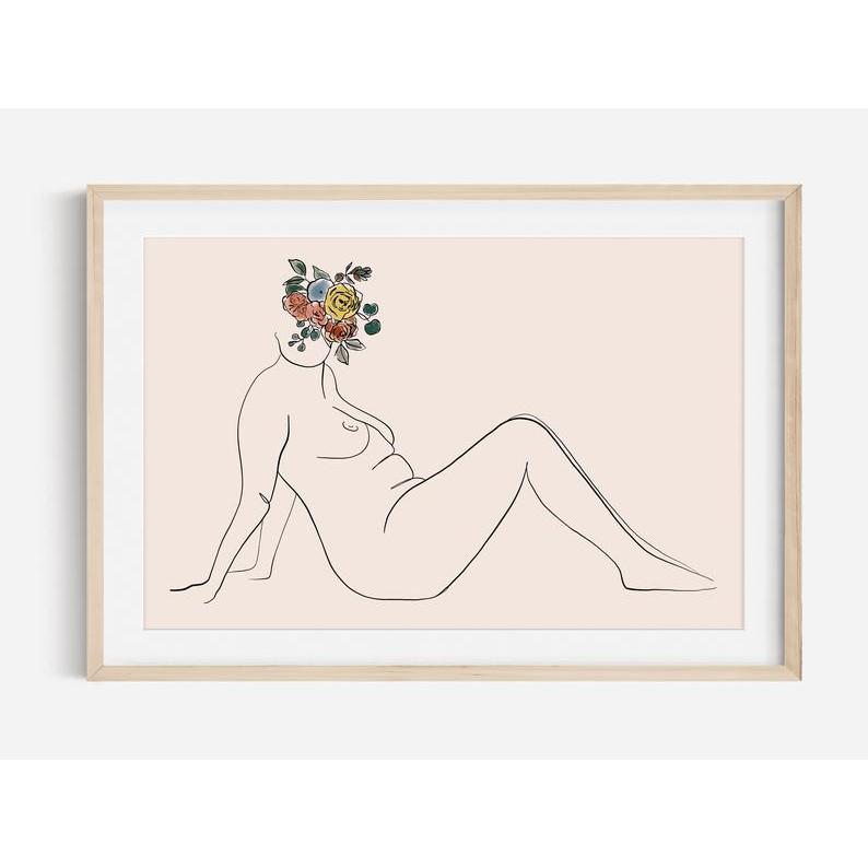 Tranh treo tường | Line art-Fine Line Art Female Print, Flower Art 32 , tranh canvas giá rẻ