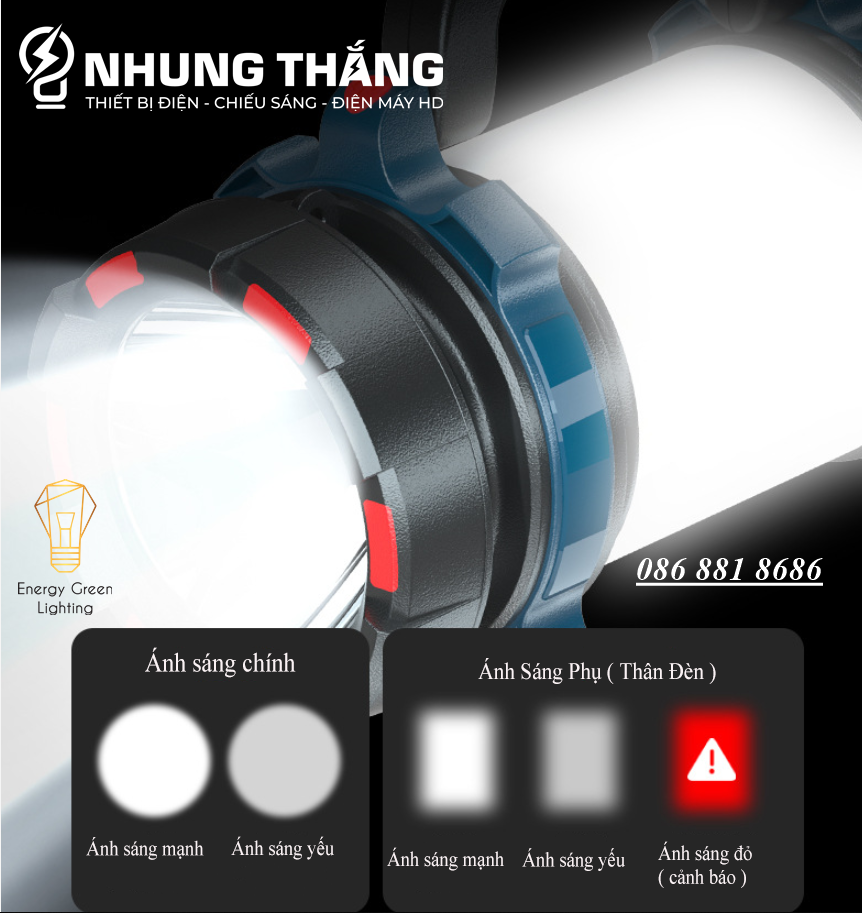 Đèn Pin Cầm Tay 2 Nguồn LED Siêu Sáng TG-TZ00904 - Pin Sạc Tích Điện - Dung Lượng Pin 2400mAh - Có Video Thực Tế