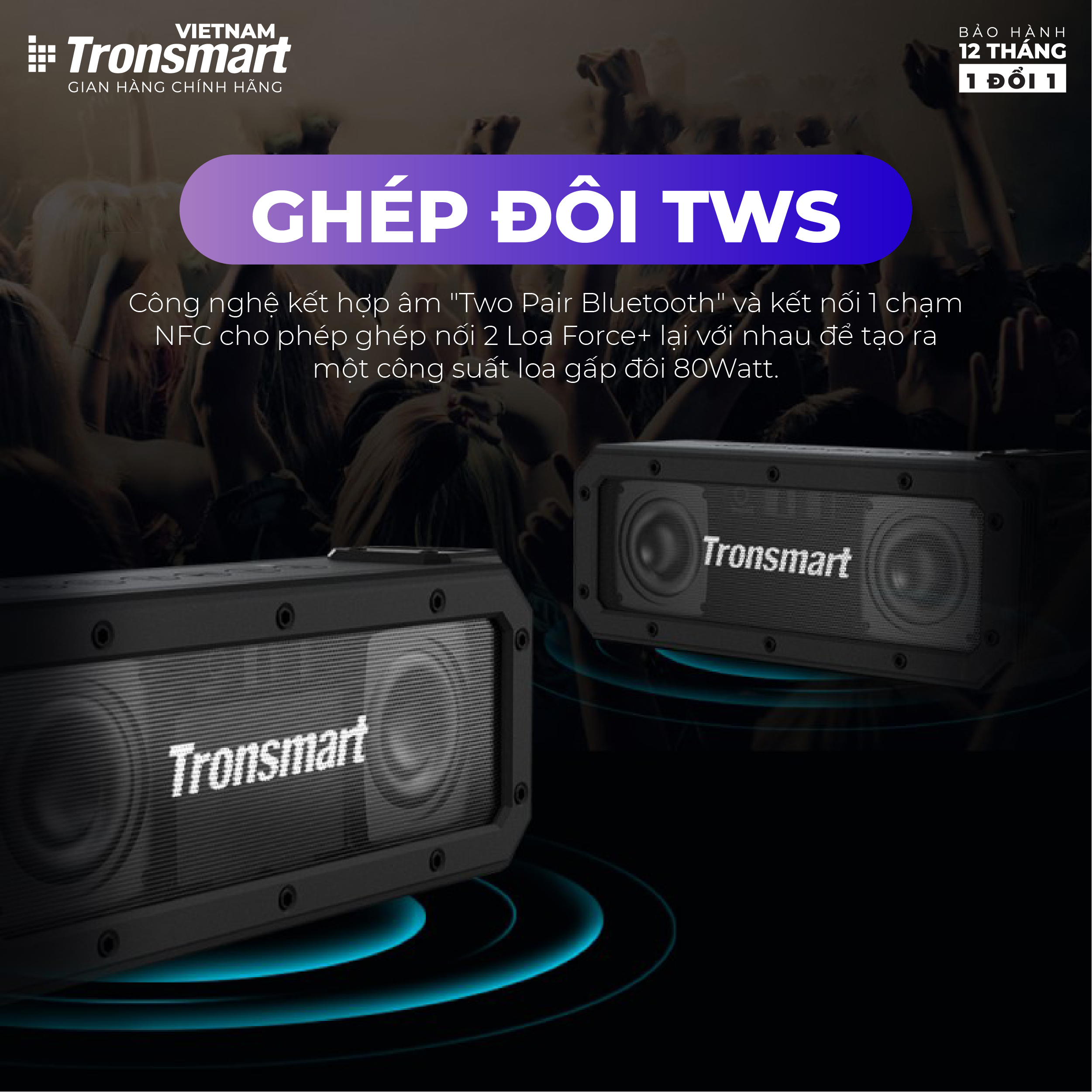 COMBO Loa Tronsmart Force+ và hộp đựng chống shock - Công suất 40W - Chống nước IPX6 Ghép đôi TWS - Hàng chính hãng