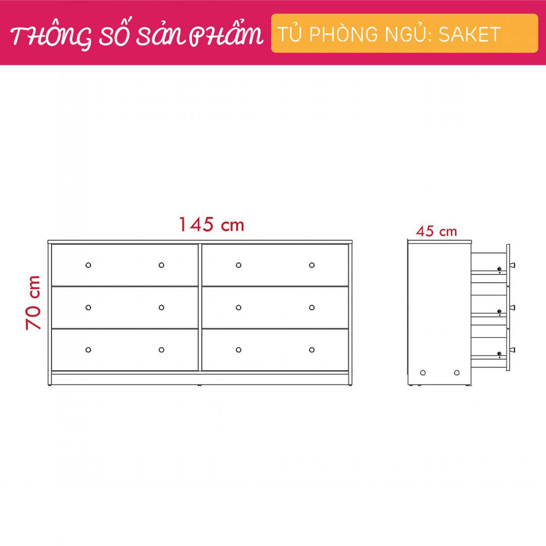 Tủ phòng ngủ gỗ hiện đại SMLIFE Saket  | Gỗ MDF dày 17mm chống ẩm | D145xR45xC70cm