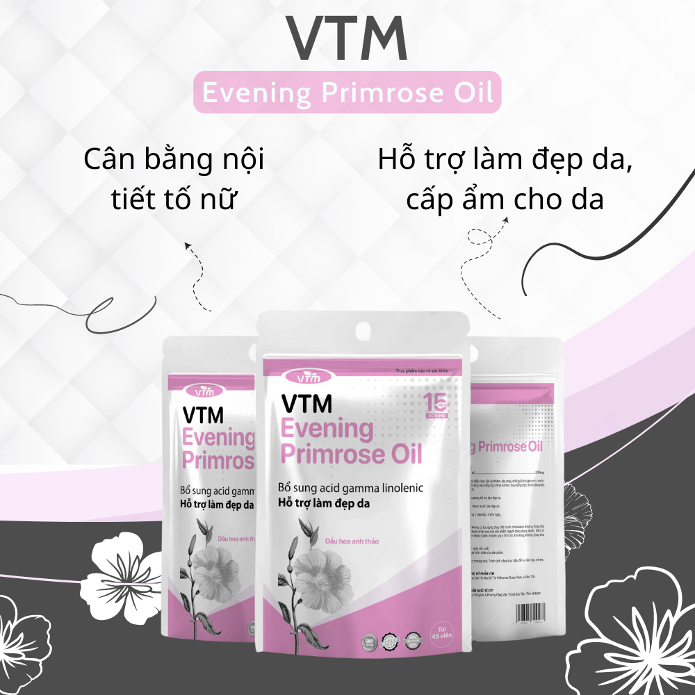 Viên uống tinh dầu hoa anh thảo Evening Primrose Oil VTM, hỗ trợ cân bằng nội tiết tố, làm đẹp da, tóc, móng - 15 ngày