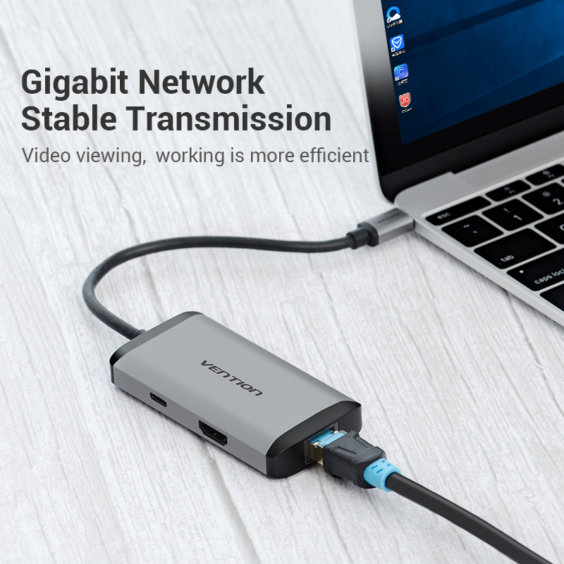 HUB chuyển đổi USB type-C 6 in 1 Vention sang HDMI, USB 3.0*3, Lan, PD(87) dài 15cm - Hàng chính hãng