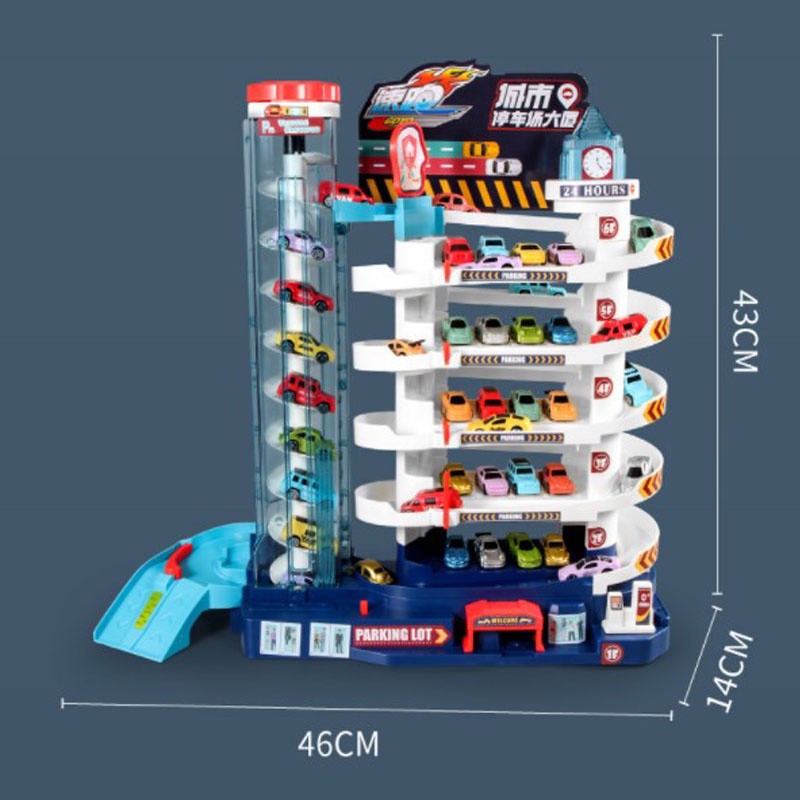 Đồ chơi xếp hình mô hình gara đỗ xe ô tô kết hợp đường đường ray khủng long 3 tầng cao cấp