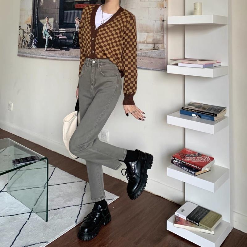 Quần jeans ống đứng xẻ màu ghi xám