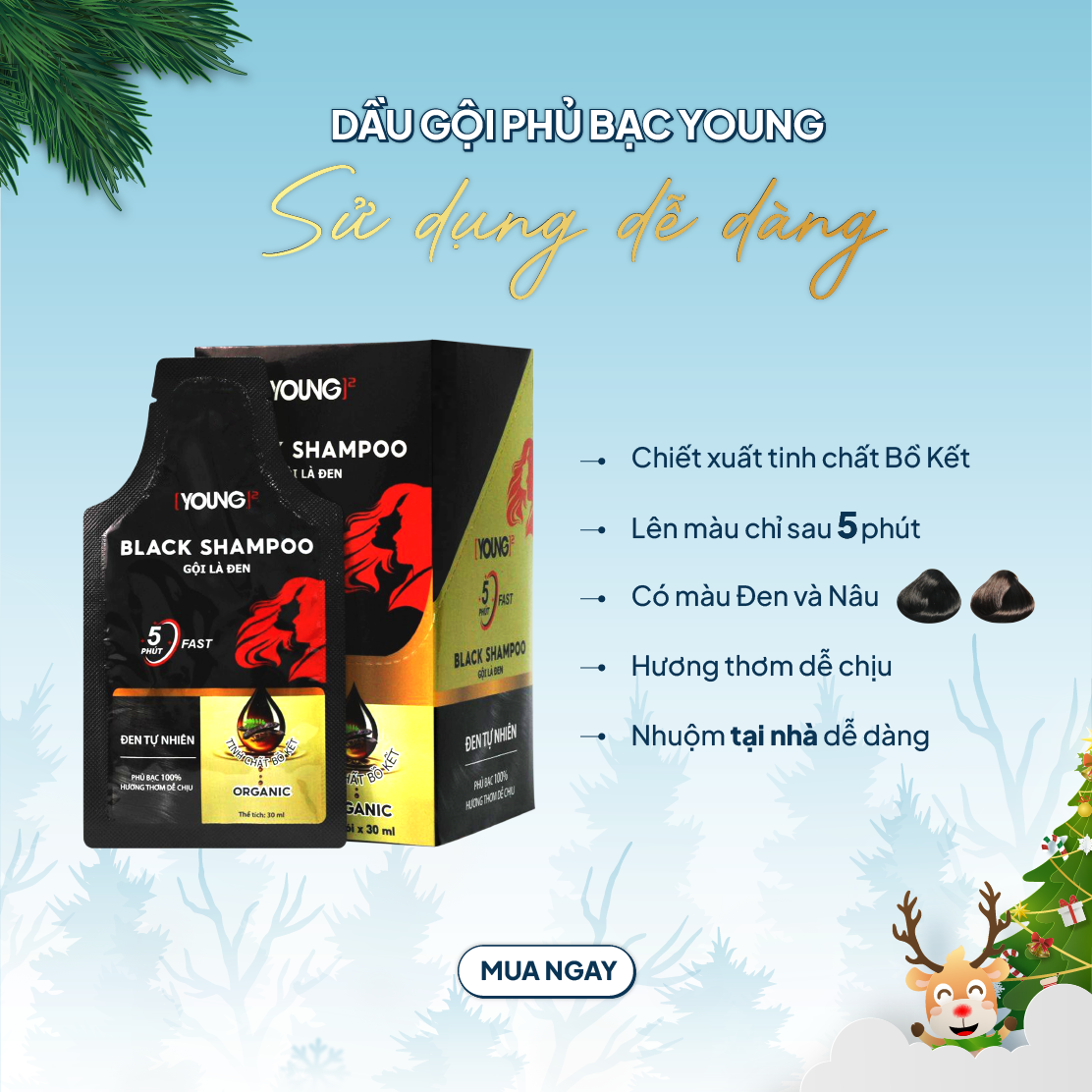 Dầu gội phủ bạc tại nhà hoàn hảo 100% sau 5 phút YOUNG chiết xuất từ bồ kết, hương thơm dễ chịu (1 gói x 30ml)