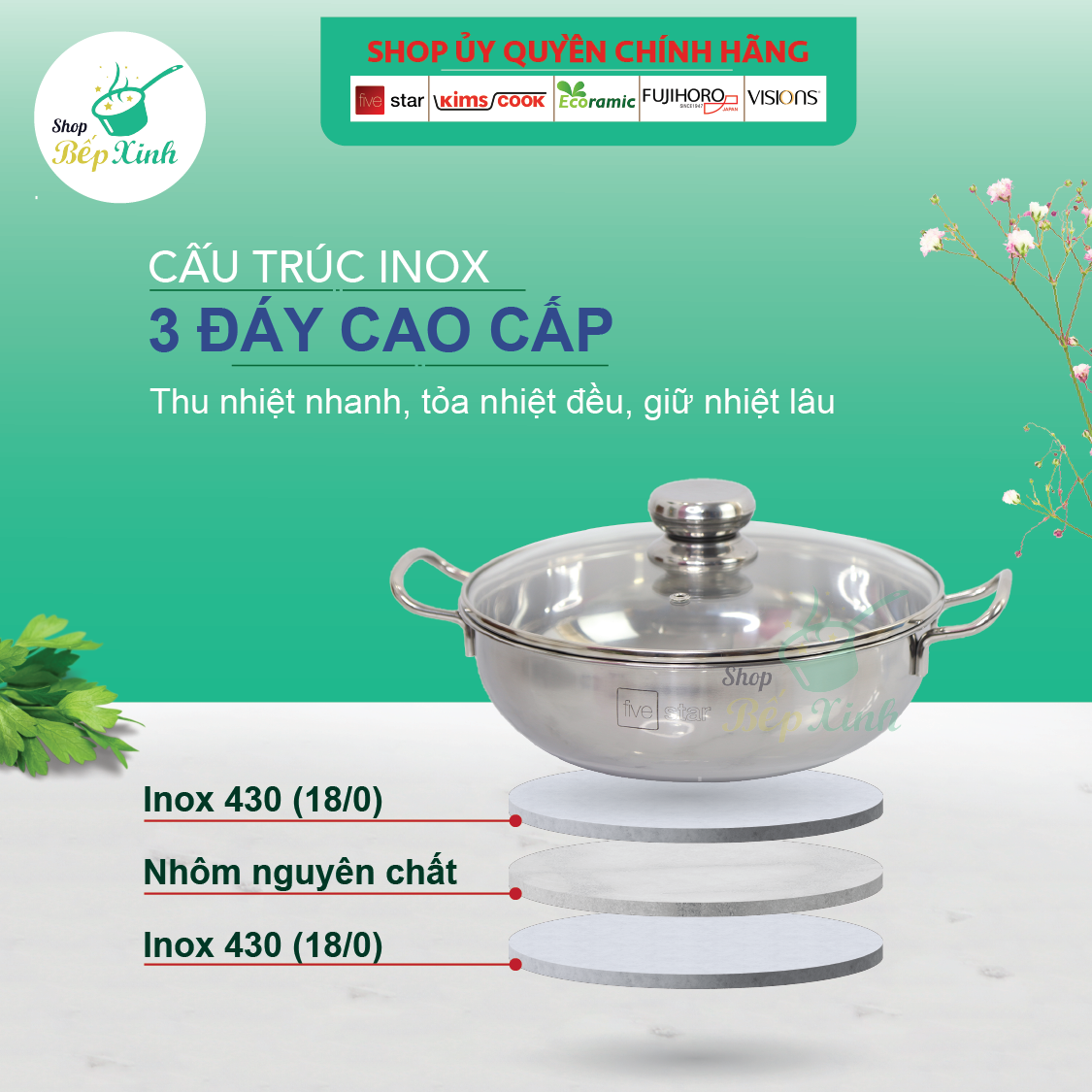 Nồi lẩu um xào 3 đáy inox 430 Fivestar bếp từ nắp kính tặng 5 muỗng ăn inox ( 24cm / 26cm / 28cm )