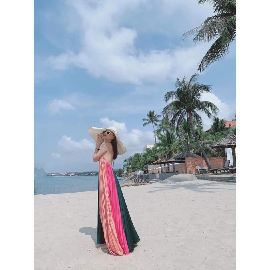 Đầm váy maxi phi dập ly cổ yếm hở lưng suông dài loang màu Ivy.fashion đi biển dự tiệc dạo phố bigsize gợi cảm sexy