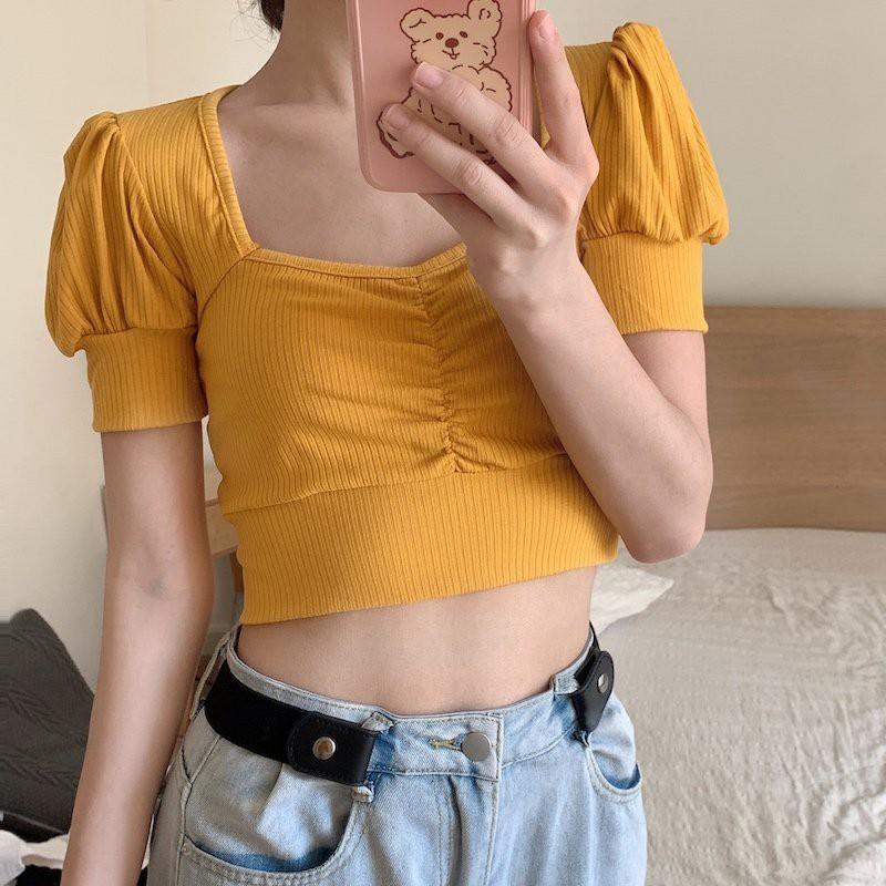 Áo Croptop Nữ Tay Ngắn Ôm Body SANMAY Áo Thun Croptop Tay Phồng Cổ Vuông Đẹp, Kiểu Ulzzang Sexy 5 Màu Đen Trắng AO012