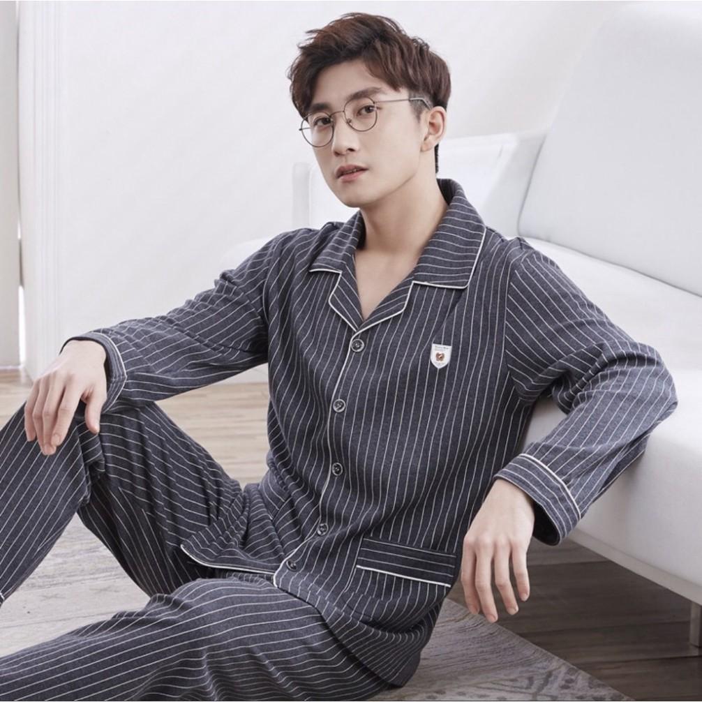 freeship Đồ mặc nhà dài tay nam mã 821 chất cotton 100% - Đồ bộ Pijama nam cổ V (Hàng có sẵn + Video tự quay)