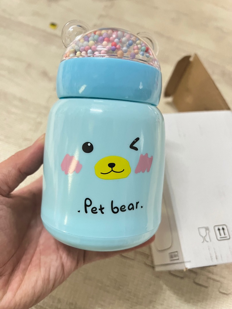 Bình nước giữ nhiệt Gấu cute nhiều màu lõi thuỷ tinh bọc nhựa dung tích 380ml