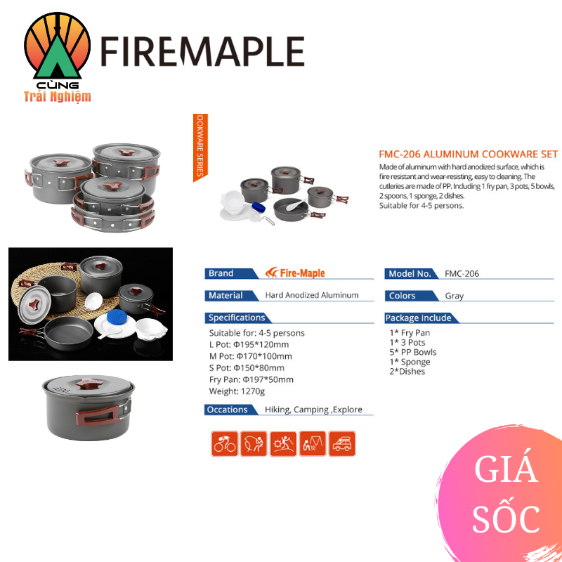 COMBO Nồi Chảo Nấu Ăn 4 Trong 1 Fire Maple FMC-206 Gọn Nhẹ Chuyên Dụng Cho Du Lịch, Dã Ngoại Cắm Trại
