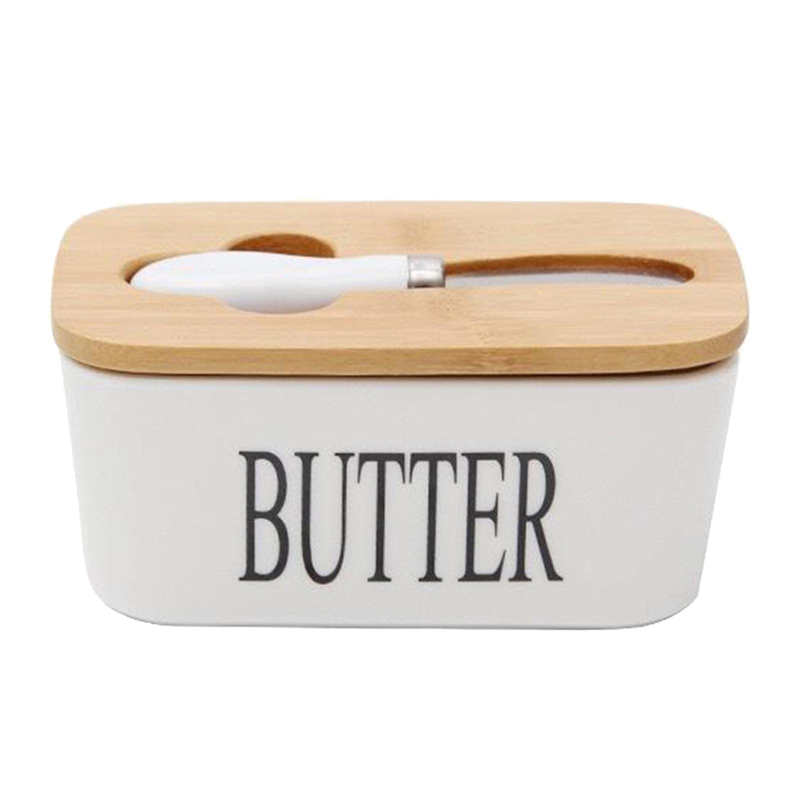 Ceramic Butter Dish Keeper with Wooden Lid and Steel Knife