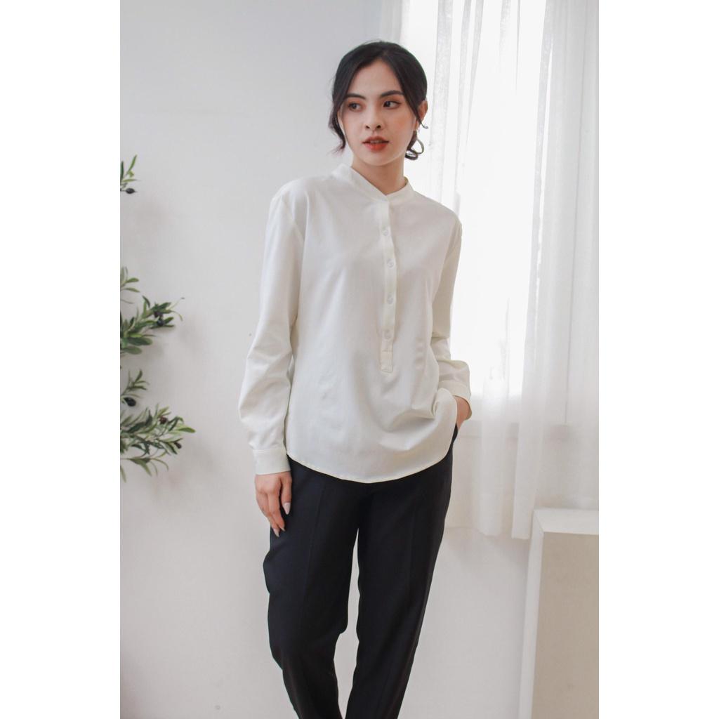 Áo sơ mi nữ công sở, sơ mi cổ trụ, áo nữ kiểu cổ tàu dáng basic, chất vải ít nhăn, mềm mát