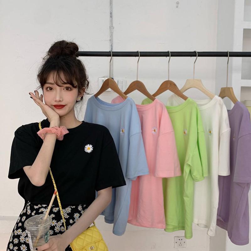 Women Summer Crew Neck College Short Sleeve Floral Print Loose T-Shirt Tops