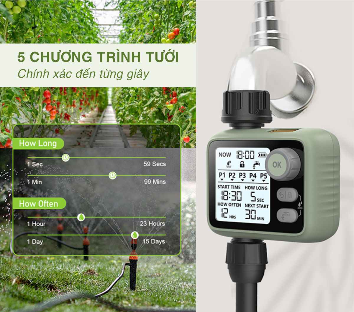 Bộ hẹn giờ tưới cây tự động HCT-372. 5 Chương trình tưới/ngày. Chính xác từng giây - Bền bỉ - Cảm biến mưa - Khóa trẻ em