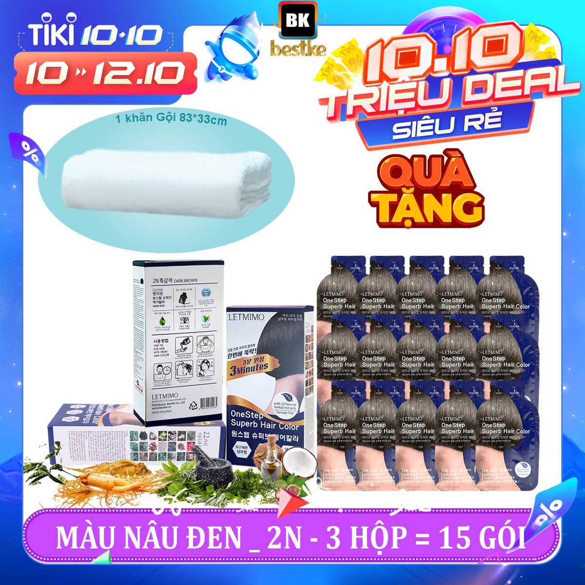 LETMIMO Combo 3 Hộp = 15 gói thuốc nhuộm phủ bạc màu Nâu Đen_2N, 22 loại thảo mộc + QUÀ TẶNG 1 khăn gội bestke 83*33cm 100% Cotton