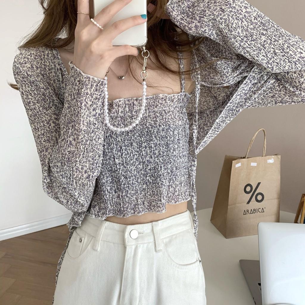 Set Áo Tay Dài Kèm Áo Croptop Hai Dây Hoa Nhí (ảnh thật)