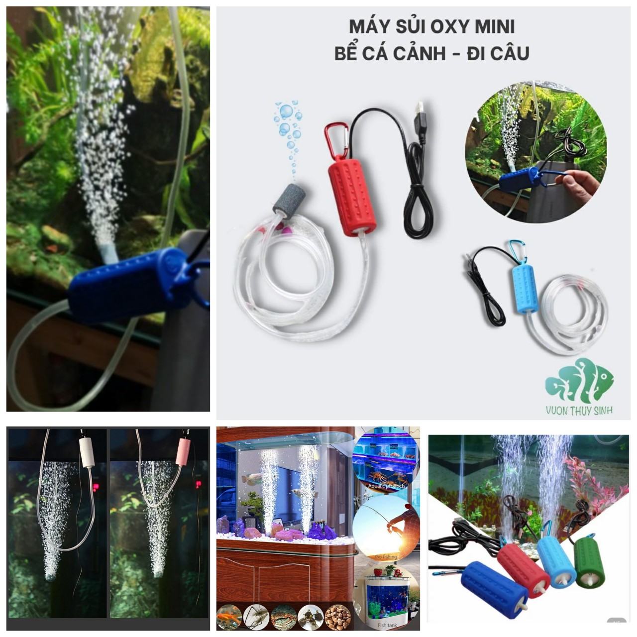 Máy sủi oxy mini siêu êm máy sục oxi bể cá cảnh bơm khí khi đi câu hồ cá, kết nối USB loại tốt khí mạnh