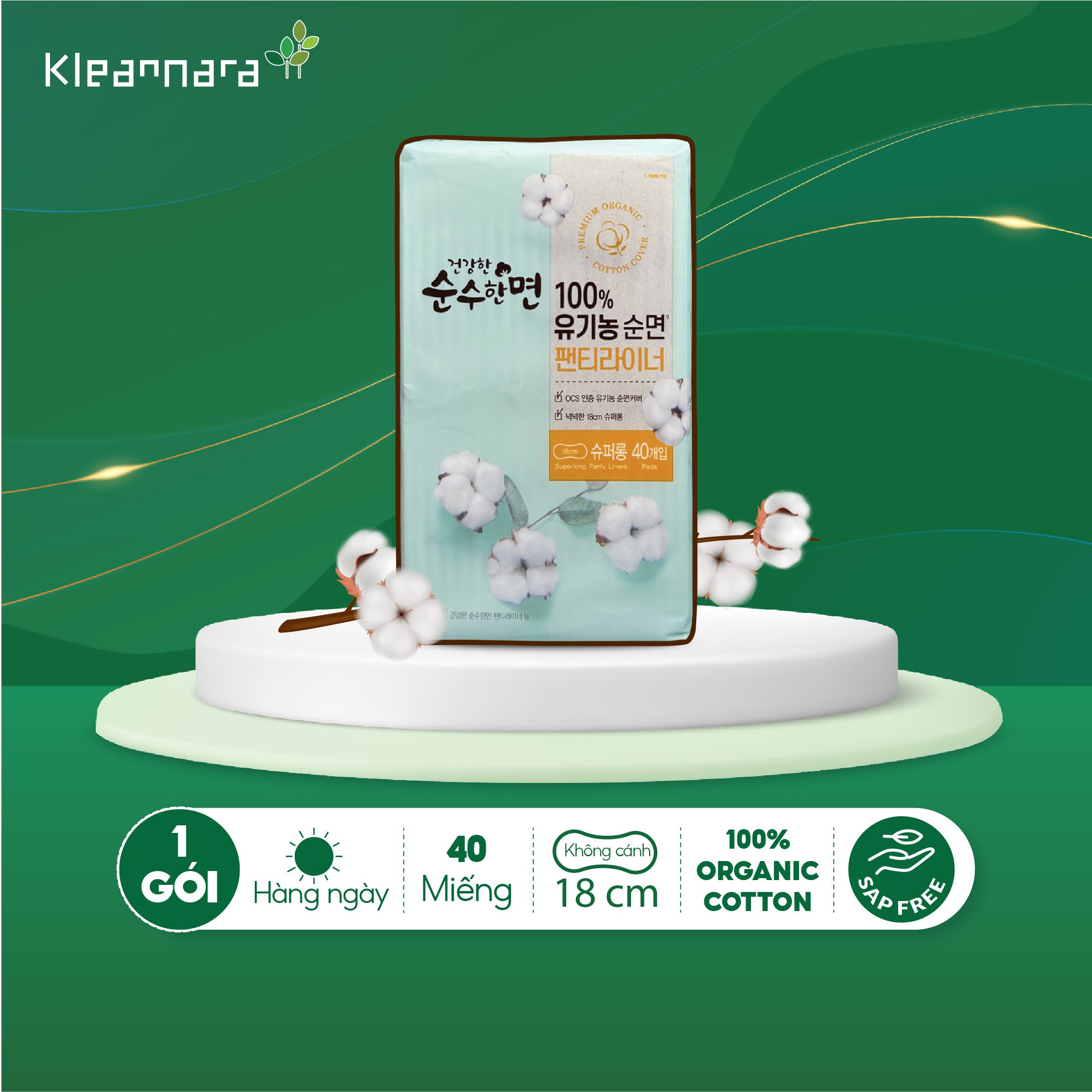 Băng vệ sinh KleanNara Soonsoohanmyeon Organic Cotton Panty Liners (Hàng ngày, Size: 18 cm, 40 miếng/gói)