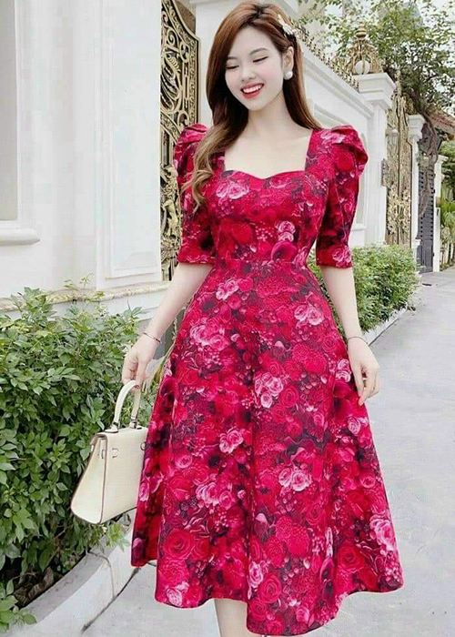 Đầm Cotton In Hoa Tay Phồng Thời Trang