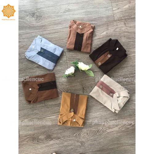Đồ lam đi chùa bé trai - Pháp phục mẫu tụ vải kate, bền màu không nhăn xưởng may Liên Cúc