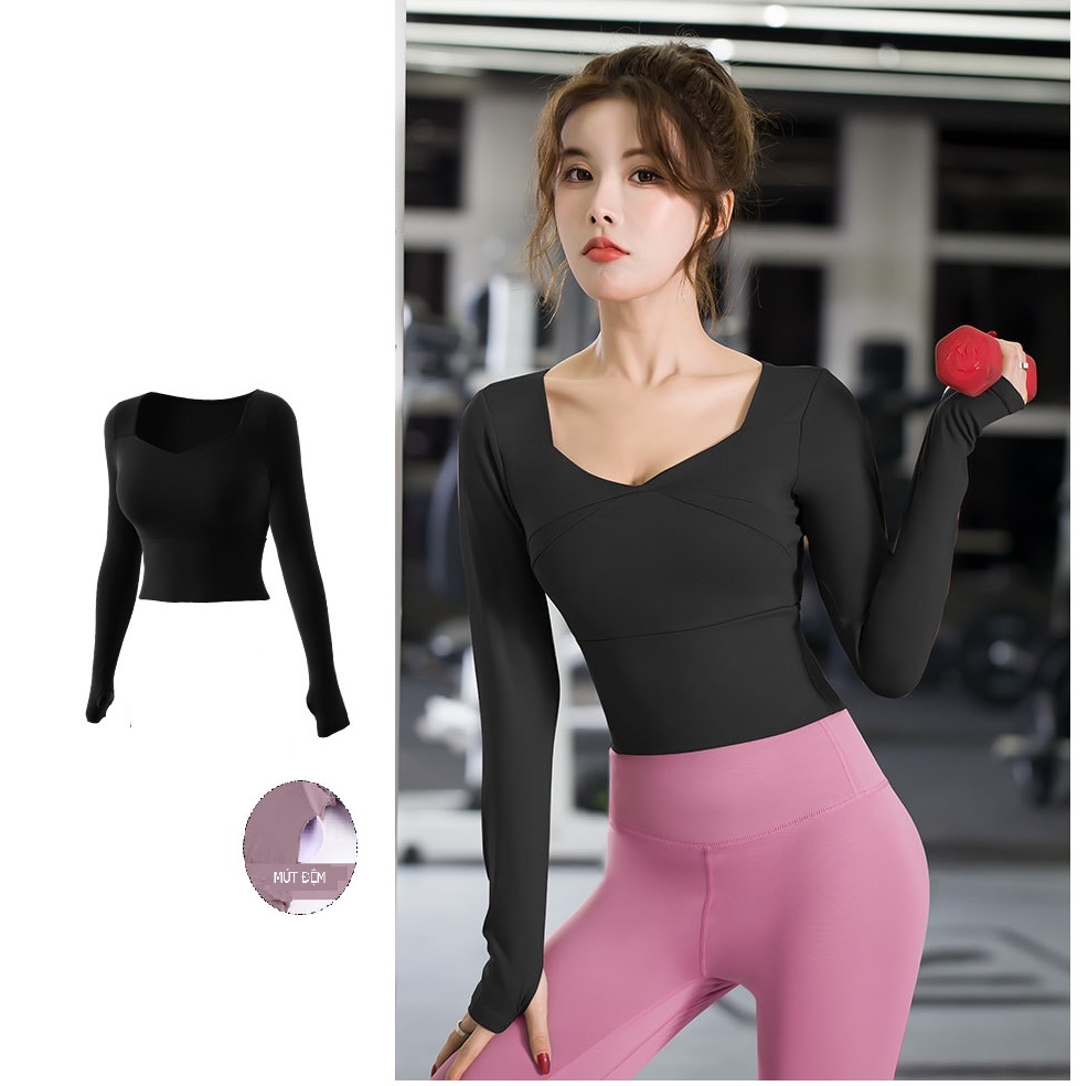 Bộ đồ tập Gym Yoga nữ 2 món, áo croptop dài tay CÓ MÚT ĐỆM và quần legging nâng mông GYM FASHION